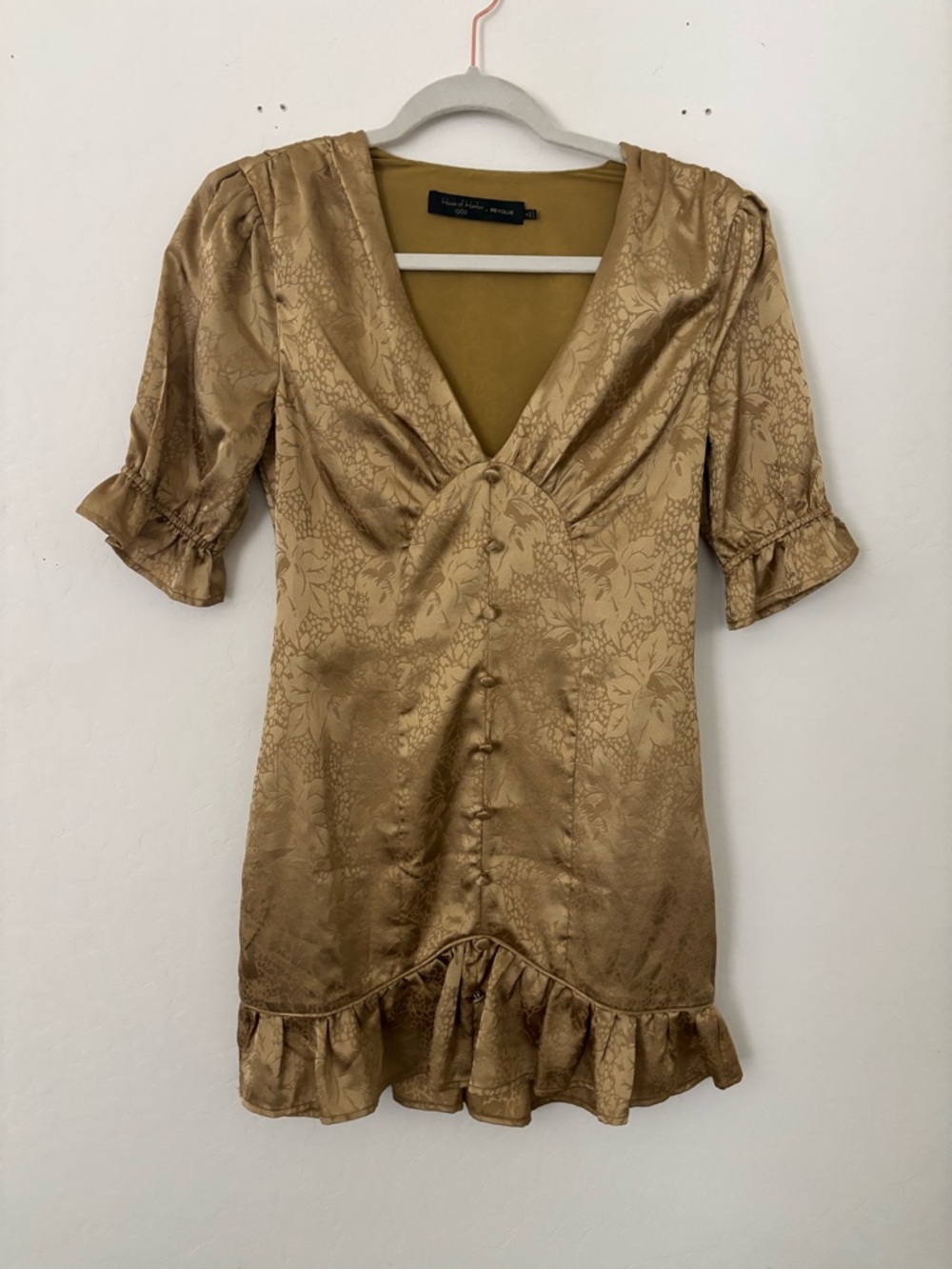 House of Harlow 1960 x Revolve Gold Jacquard Mini Dress XS Satin Ruffle Hem